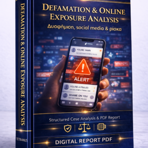 Ανάλυση Δυσφήμισης & Online Έκθεσης βάσει της Δικής σας Περίπτωσης (Defamation & Online Exposure Analysis – PDF Report)